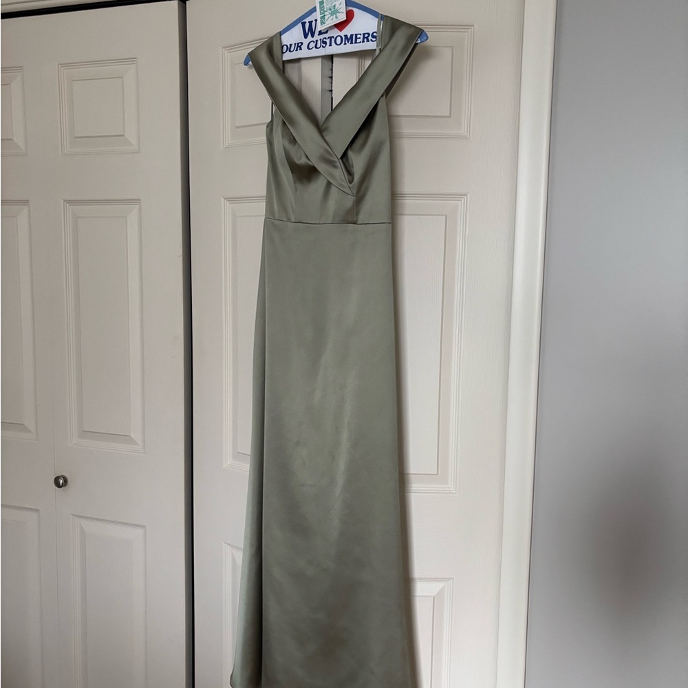 Revelry Satin Silver Sage Bardot Bridesmaid Dress